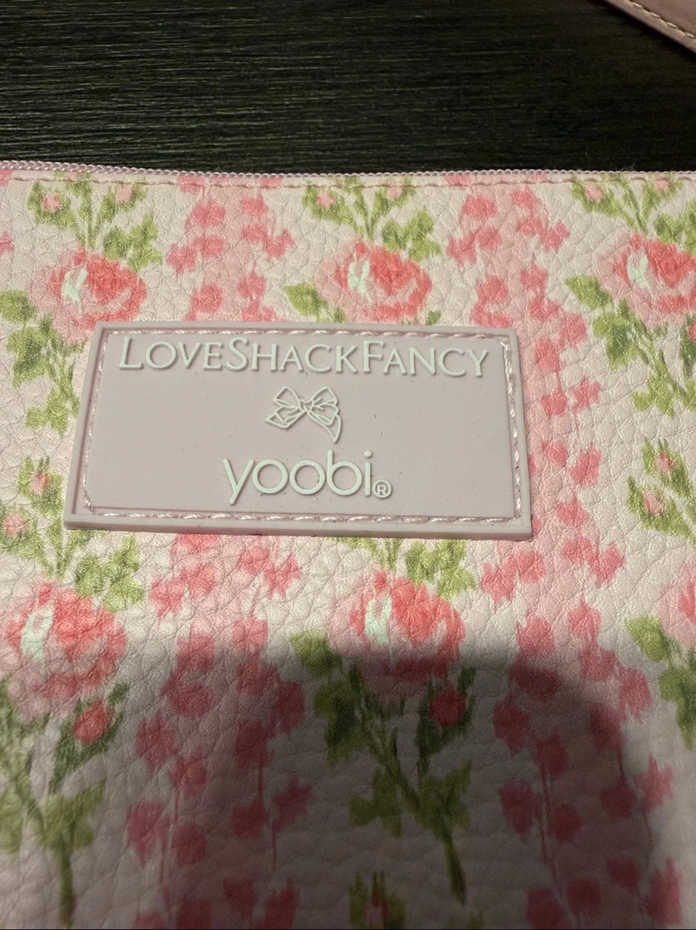 LoveShackFancy x Yoobi Floral Wristlet Pouch Makeup Bag Strawberry Macaroon